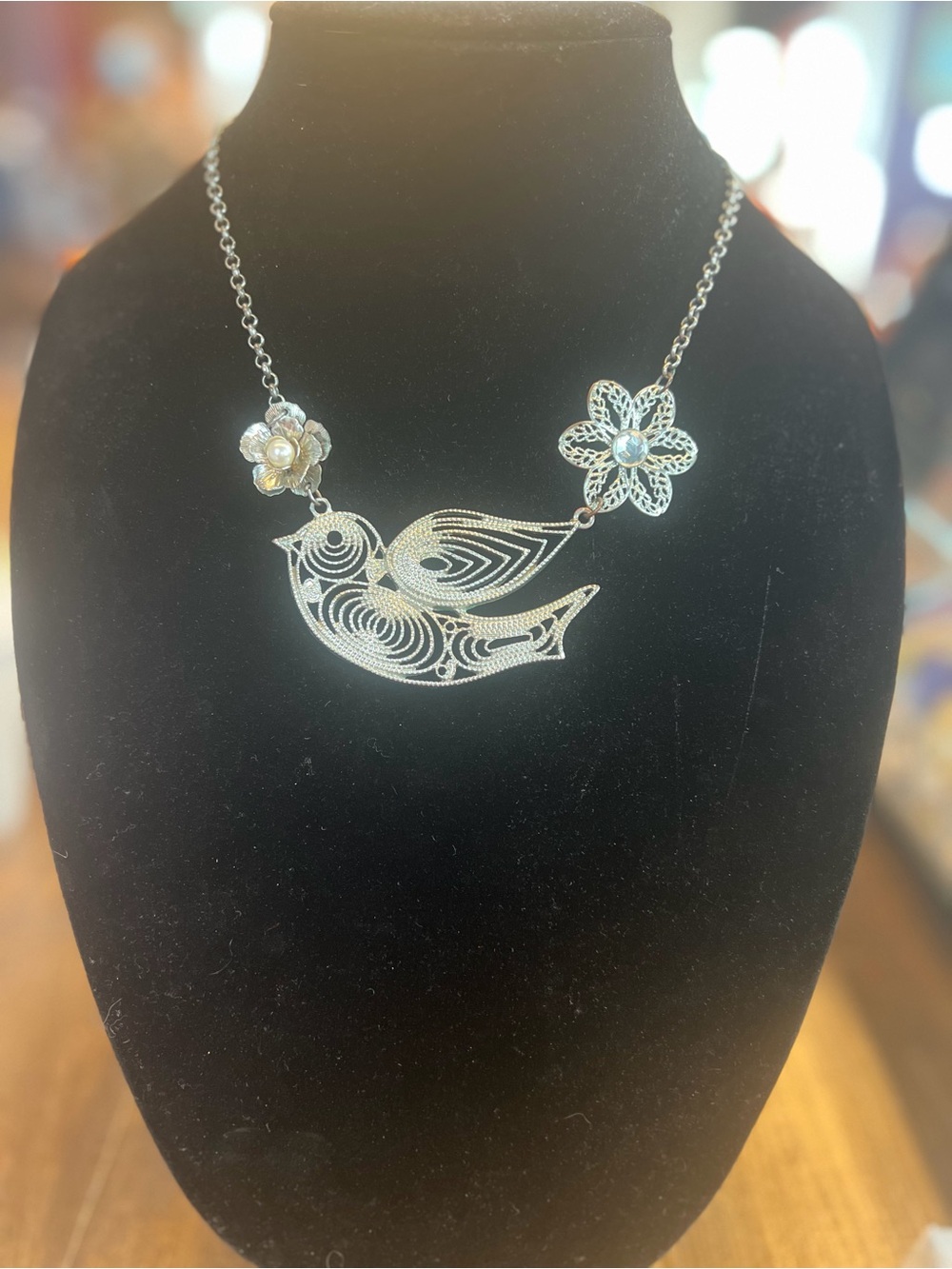 Delicate Silver-Tone Floral Bird Necklace
